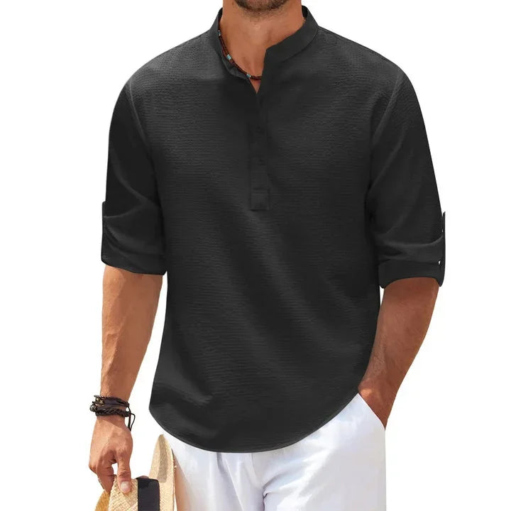 Stadtklang Herren Langarmshirt in Schwarz mit halber Knopfleiste