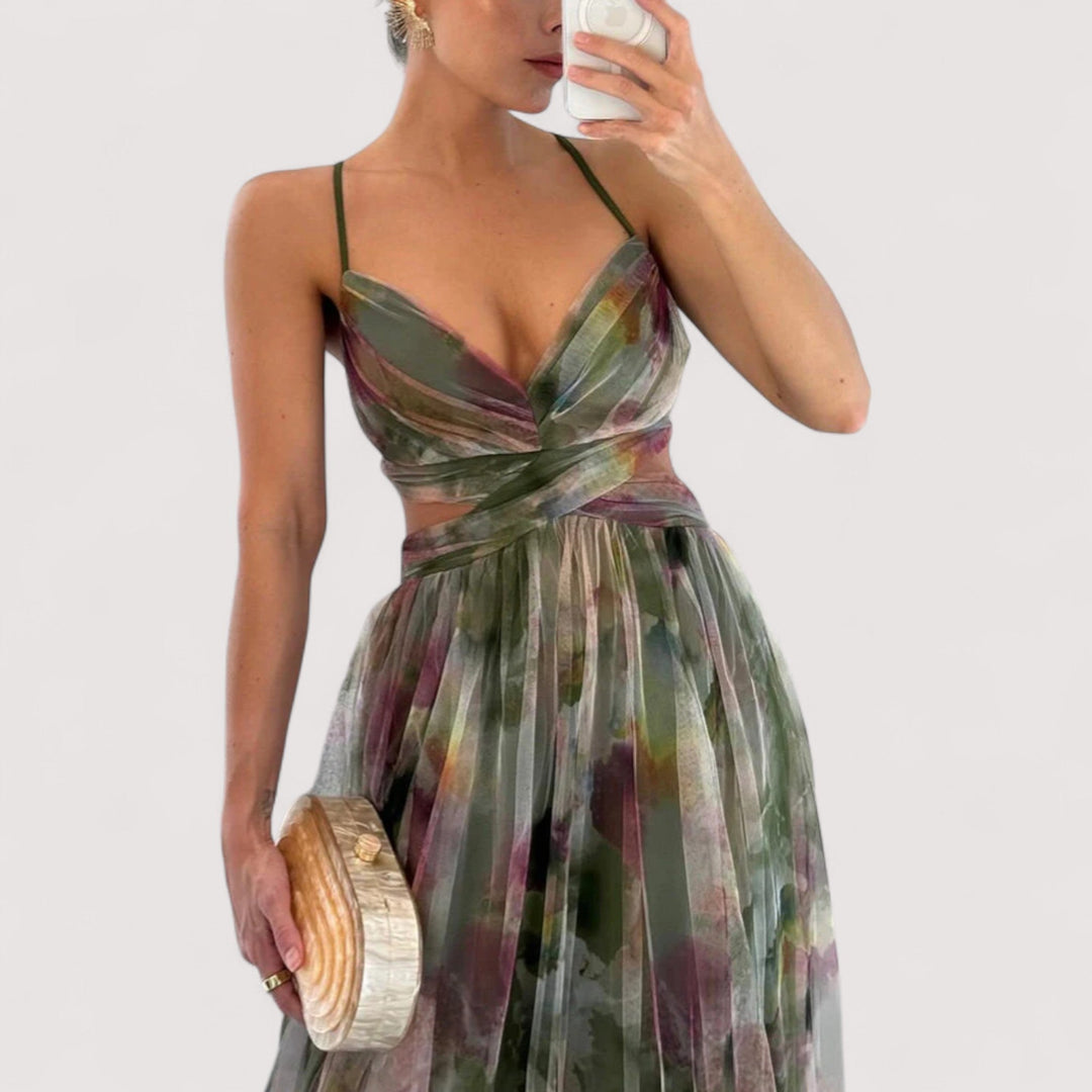 Elegantes Damenkleid für den Abend, figurbetont mit verdrehtem Oberteil für eine stilvolle Silhouette.