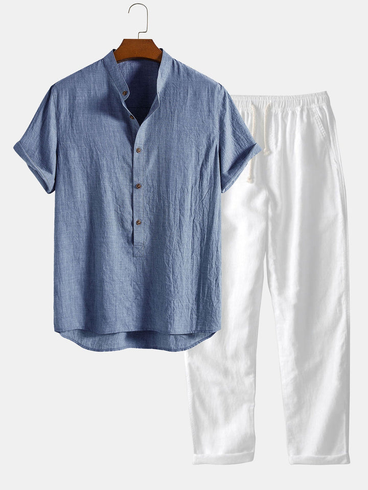 Herren Sommer Zweiteiler in Beige mit Leinenhemd und langer Freizeithose im Set