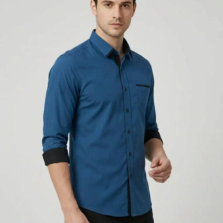 Marineblau - Herren Businesshemd Herbst Slim Fit Langarm Gestreift Bügelfrei