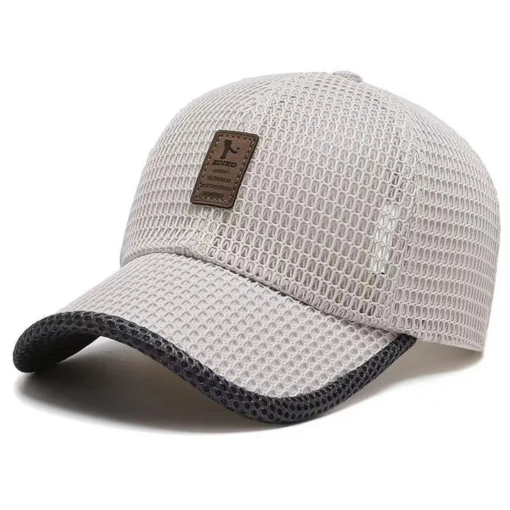 Beige Mesh-Baseballcap mit schwarzem Rand, atmungsaktiv, Unisex, Freizeitmode.