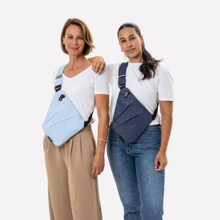 Elegante Anti-Diebstahl Damentasche im Streifendesign, aus strapazierfähigem Nylon.