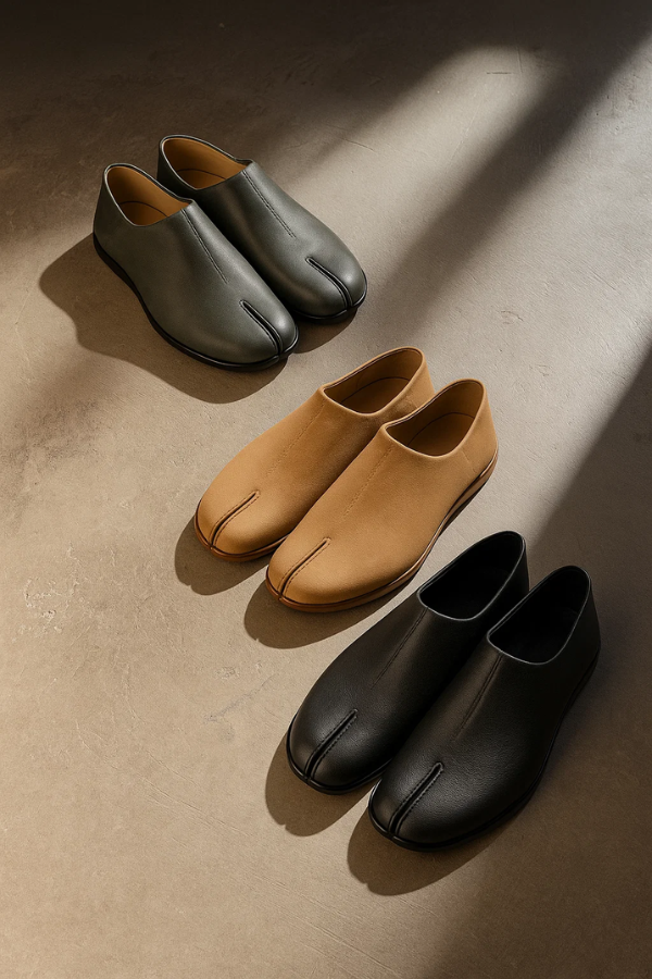 Einzigartige Herren Tabi Slipper mit gespaltenen Zehen und flexibler, verstellbarer Ferse.