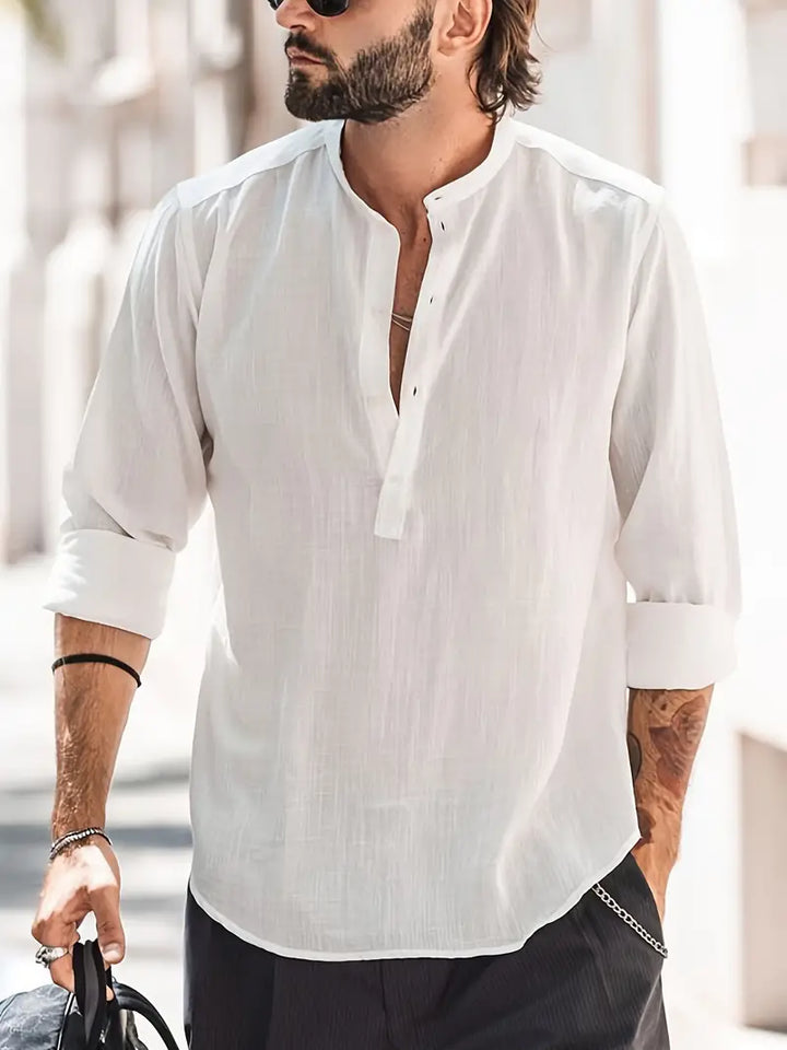 Herren Langarmshirt in Weiß mit klassischer Knopfleiste