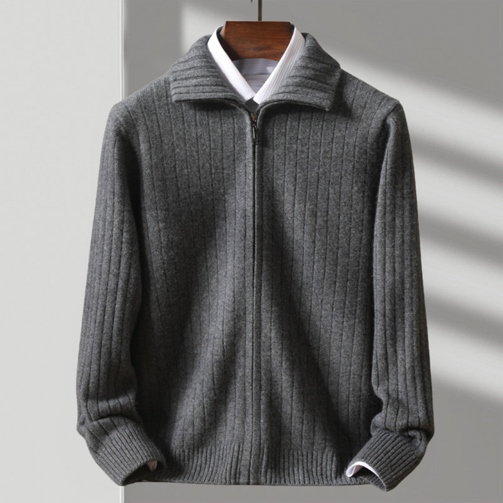 Graue Herren Strickjacke mit hohem Kragen und durchgehendem Reißverschluss