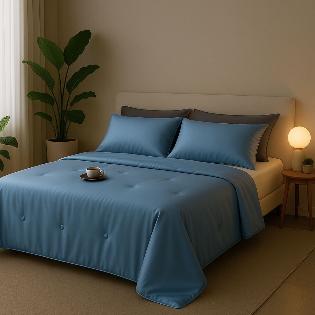 Leichte Kühldecke aus Eisseide, atmungsaktiv, weich & kühlend für das Schlafzimmer.