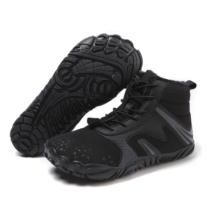 Zwei Paar warme, flexible Barfuß-Winterschuhe, zeigen die Unisex-Passform und das strapazierfähige Design.