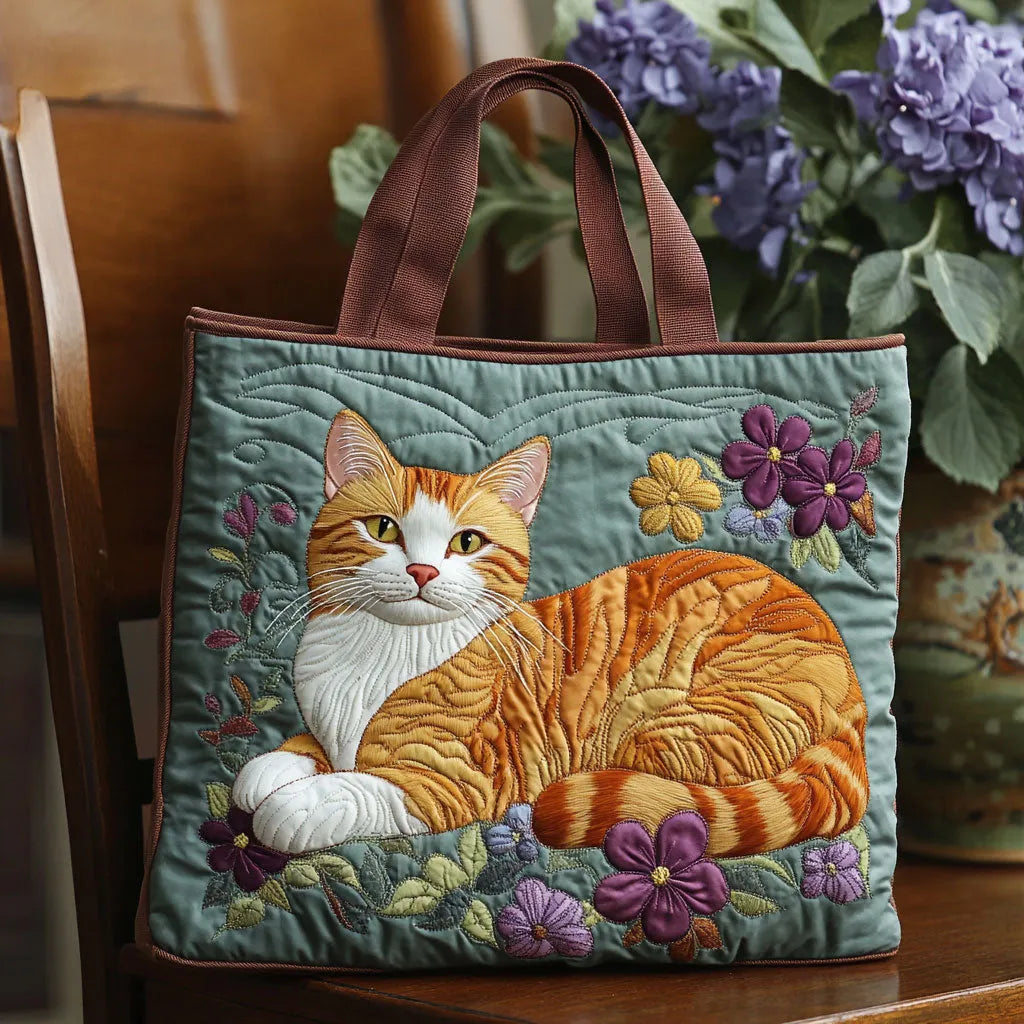 Handgefertigte Damen Tragetasche mit detailliertem Katzen-Motiv und Blumenapplikationen
