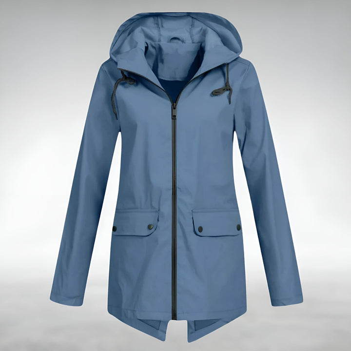 Blaue wasserdichte Damenjacke mit Kapuze in Frontansicht