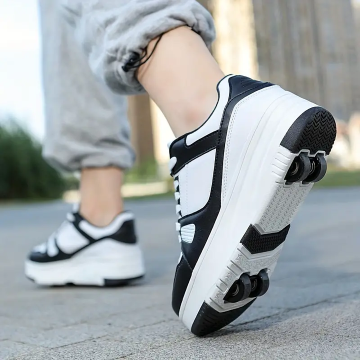 Schwarze und weiße Rollschuhe Sneaker, sportlich, Outdoor, bequeme Freizeitschuhe.