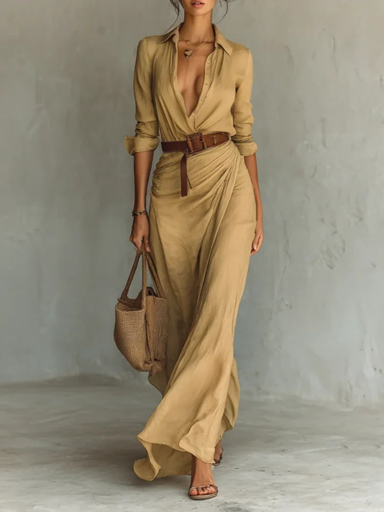 Damen Maxikleid in Braun mit fliessendem Rock und Taillierung