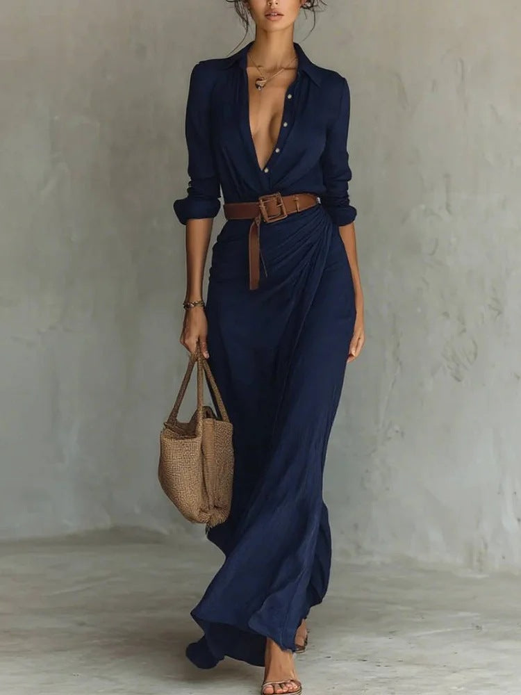 Elegantes Damen Maxikleid in Schwarz mit klassischem Kragen