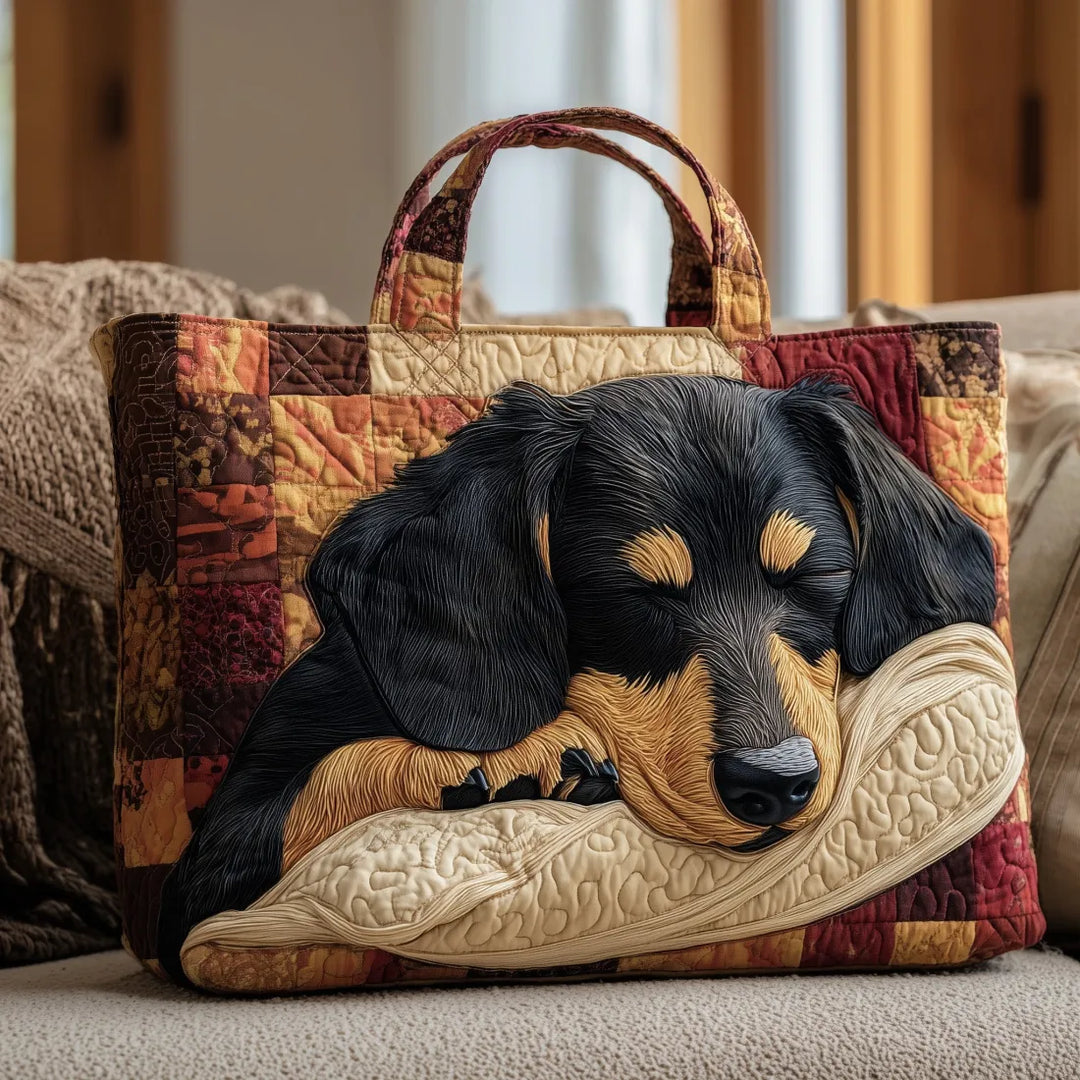 Handgefertigte Damen Tragetasche mit Dackel-Muster und Quilt-Design