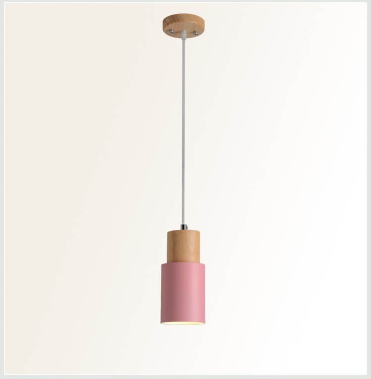 Rosa Hängeleuchte aus Holz und Metall, skandinavisches Design, moderne Innenbeleuchtung.
