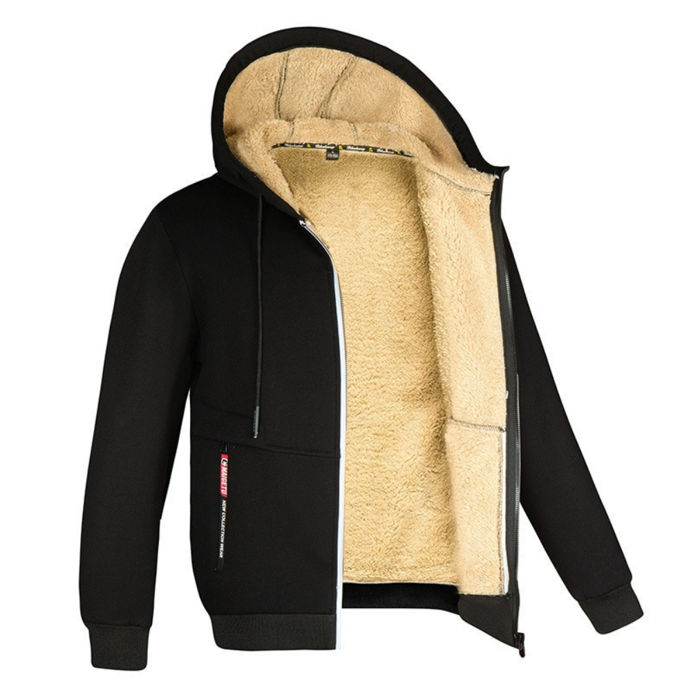 Schwarze Herren Winterjacke mit gefütterter Kapuze und Reißverschluss