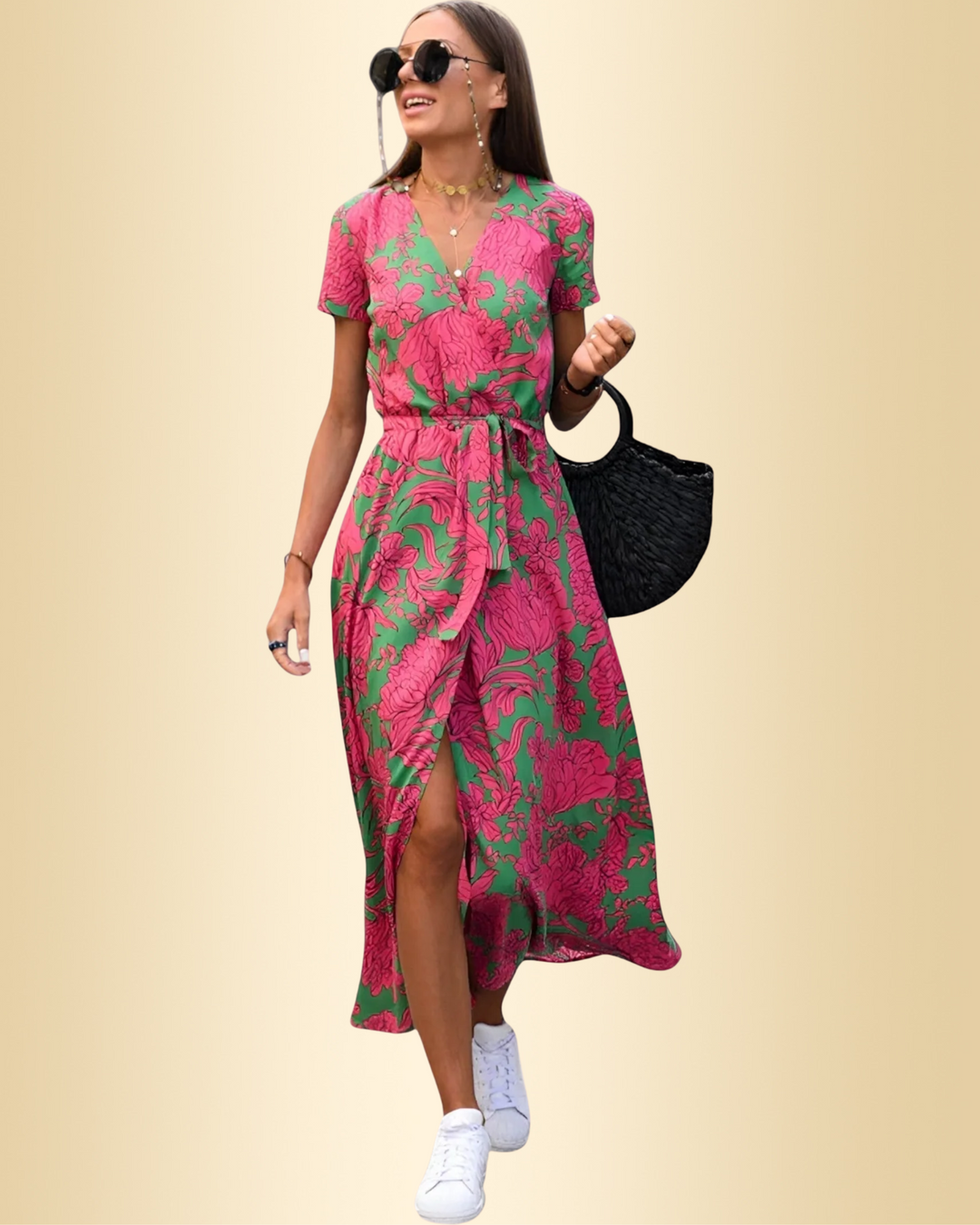 Damen Wickelkleid mit Blumenmuster in Grün und Rose von vorne gesehen