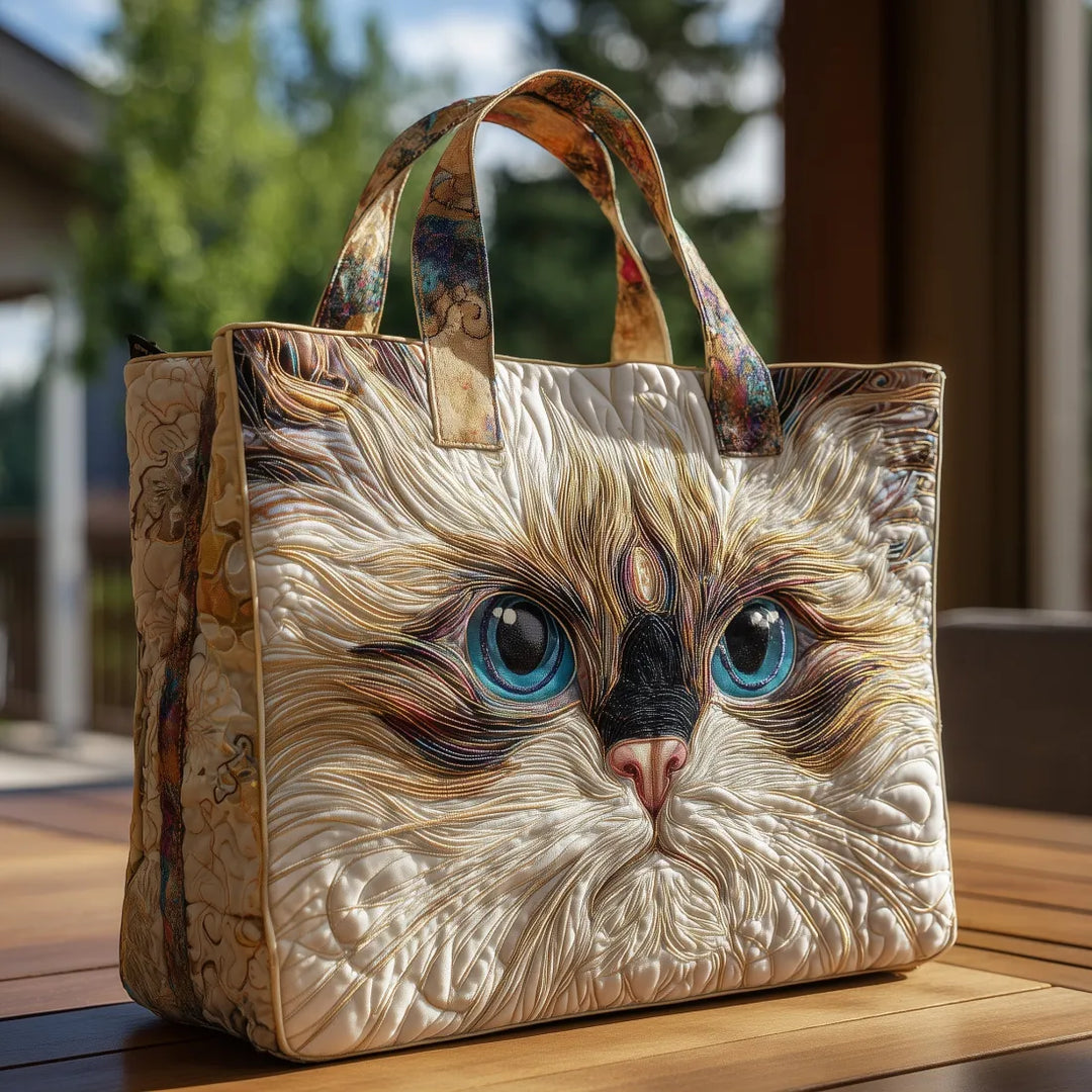 Handgefertigte Damentasche mit Motiv einer weißen Katze in hellen Farben