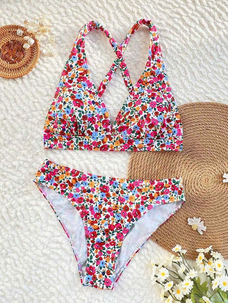 Damen Bikini Zweiteiler mit floralem Muster und Halterneck