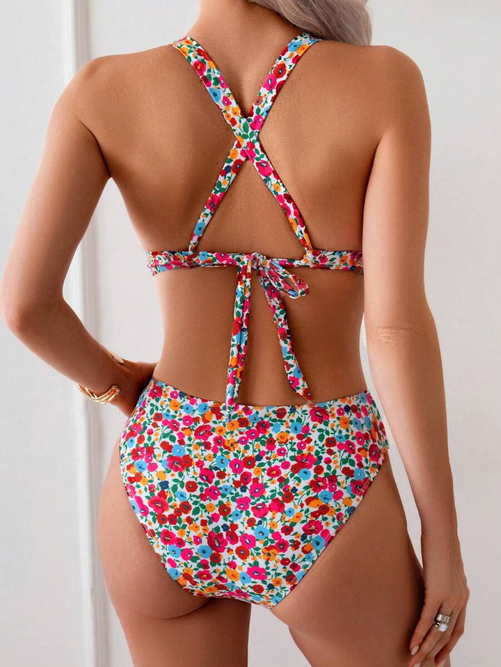 Rückansicht des floralen Damen Bikinis mit Kreuzrücken und Bindeband