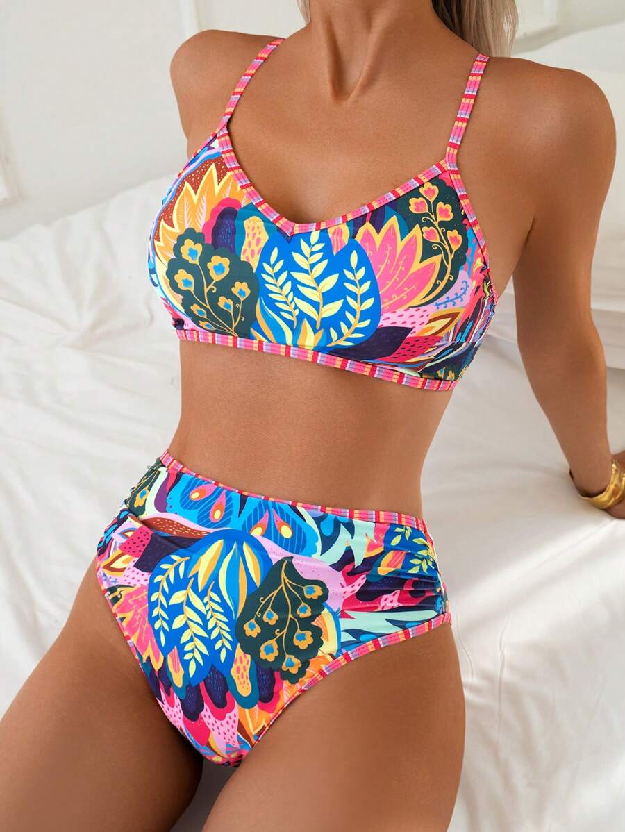 Damen High-Waist Bikini in Blau mit tropischem Muster und bügellosem Oberteil