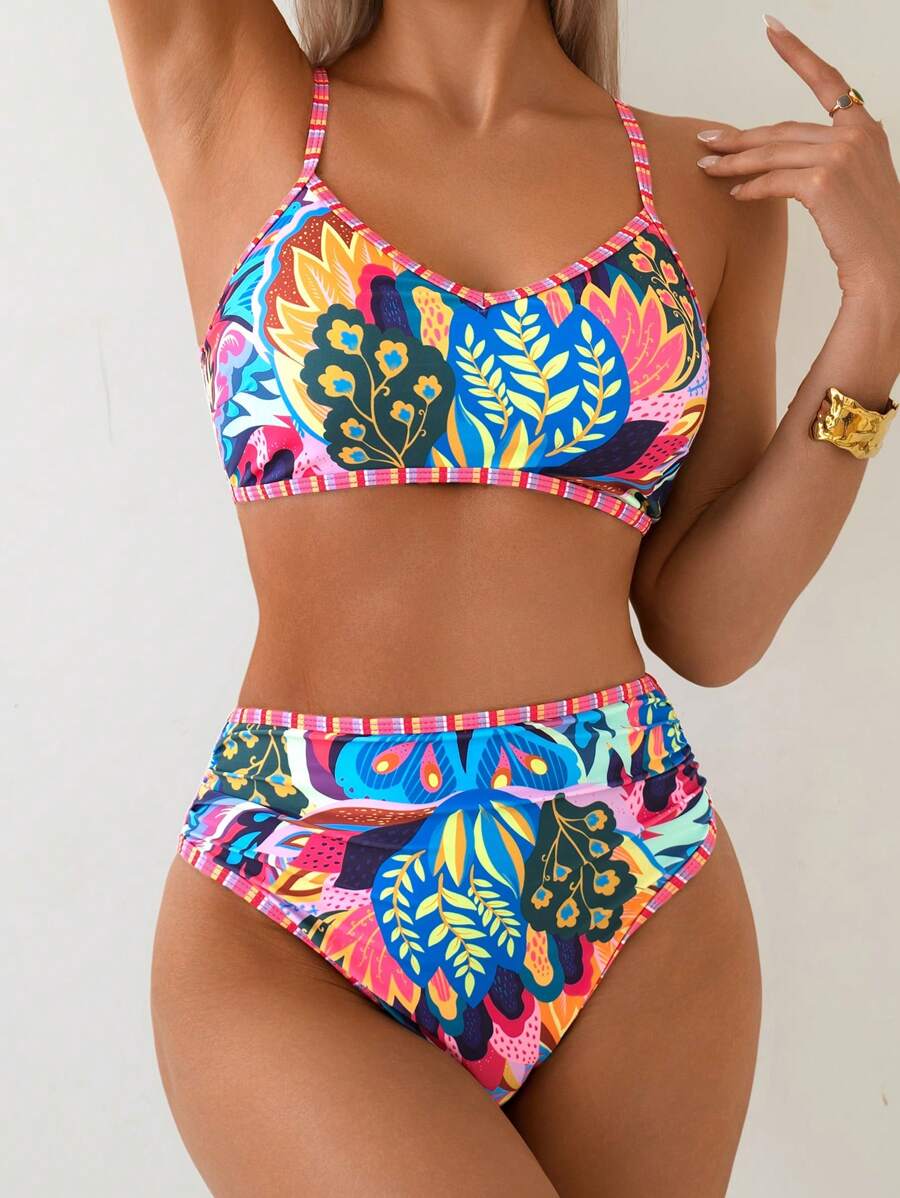 Damen High-Waist Bikini mit tropischem Muster und bügellosem Oberteil