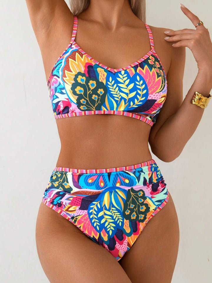 Damen High-Waist Bikini mit tropischem Muster und bügellosem Oberteil