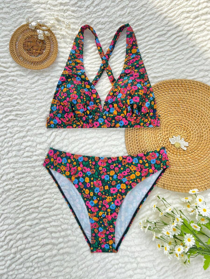 Rückansicht des floralen Halterneck Bikini für Damen