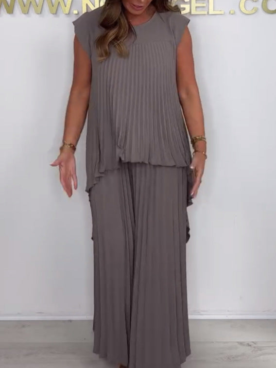 Damen Plissee-Top und Weite Hosen mit Bund