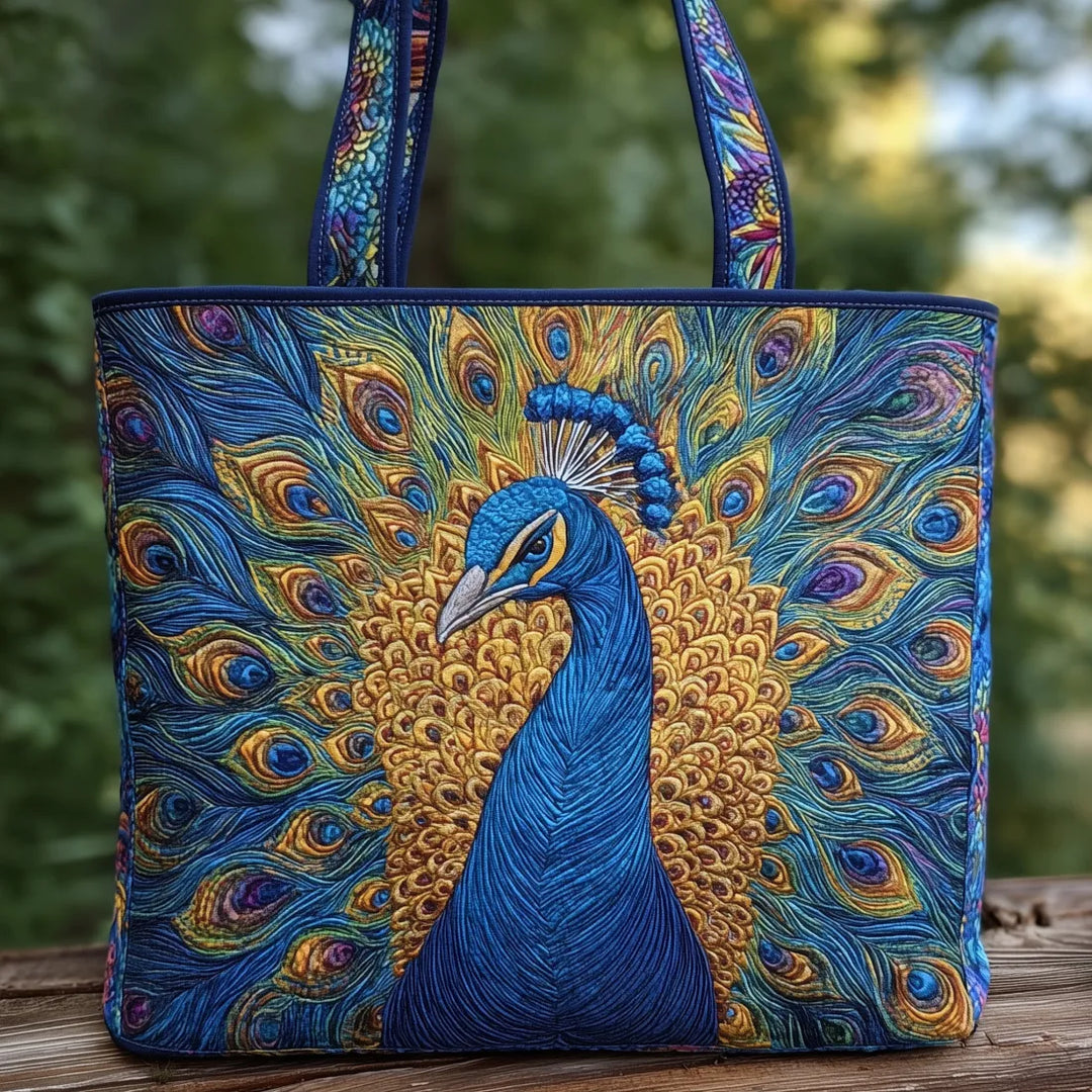 Handgefertigte Tragetasche für Damen mit detailliertem Pfau-Design in blauen und goldenen Tönen