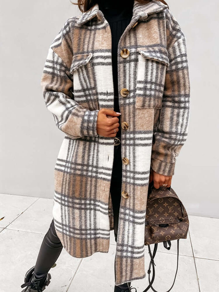 Damen Oversized Karo-Jacke: Langer Mantel
