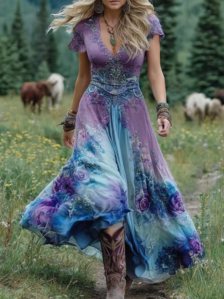 Tailliertes Damen Blumen Maxikleid mit eleganter floraler Stickerei und V-Ausschnitt. Ein stilvolles Sommerkleid.