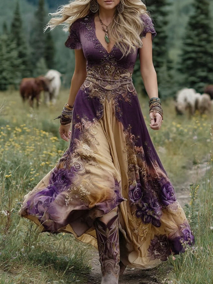 Festliches Damen Maxikleid mit Blumenstickerei, V-Ausschnitt und elegantem Schnitt. Schick und bequem.