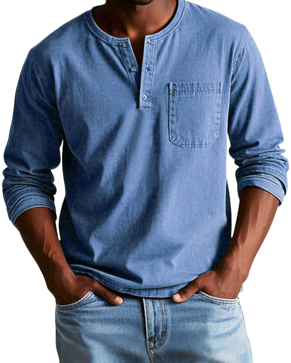 Herren Langarm Polo Shirt in Blau mit Knopfleiste und Brusttasche