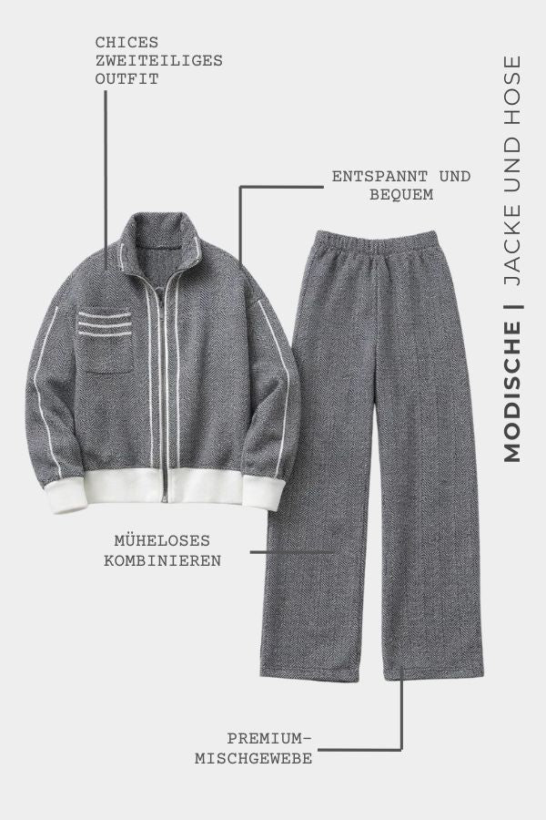 Modische Übersicht des grauen Sets mit Jacke und Hose