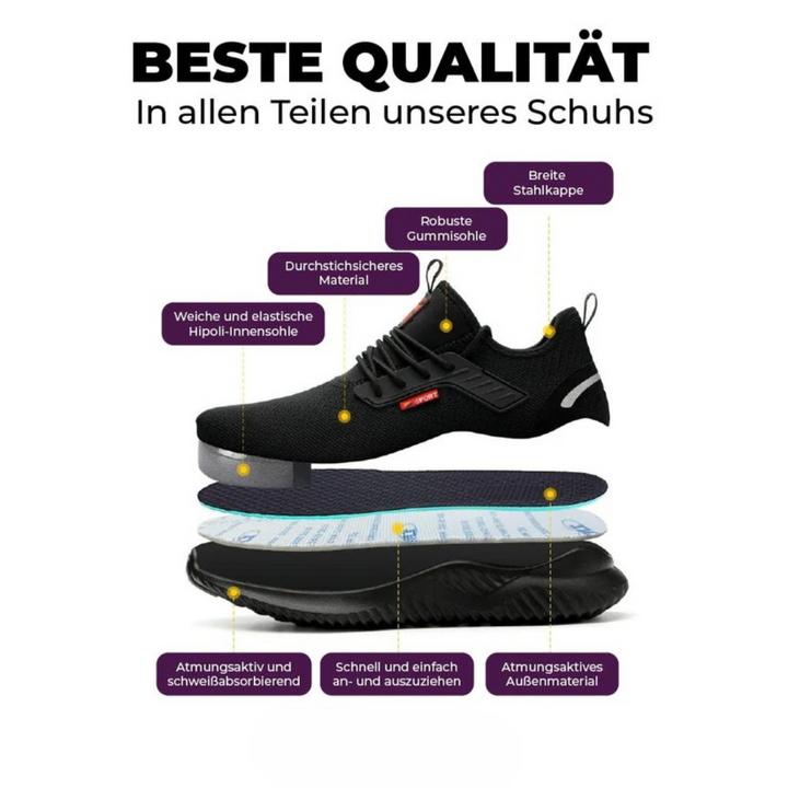 Vorderansicht robuster Herren Berufsschuhe mit Schutzkappe & durchtrittsicherer Sohle für Outdoor-Einsatz.