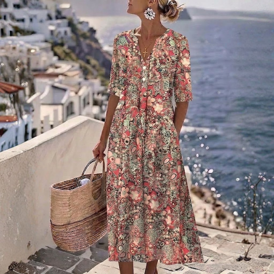 Damen Sommer-Midikleid in Rot mit Muster an einer Küste