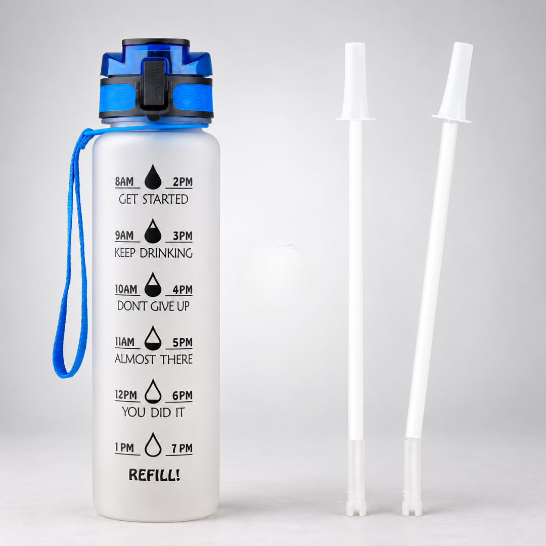 Trainings-Wasserflasche 1L mit Motivations-Zeitleiste, BPA-frei, Tritan, unterstützt Hydration beim Workout.