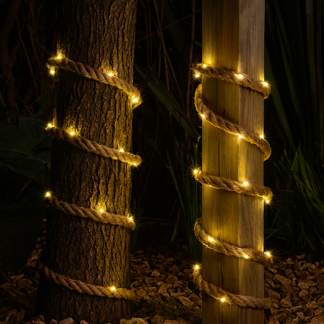 EmberTwine Solar-Lichterkette aus Seil um Baum und Pfosten gewickelt bei Nacht