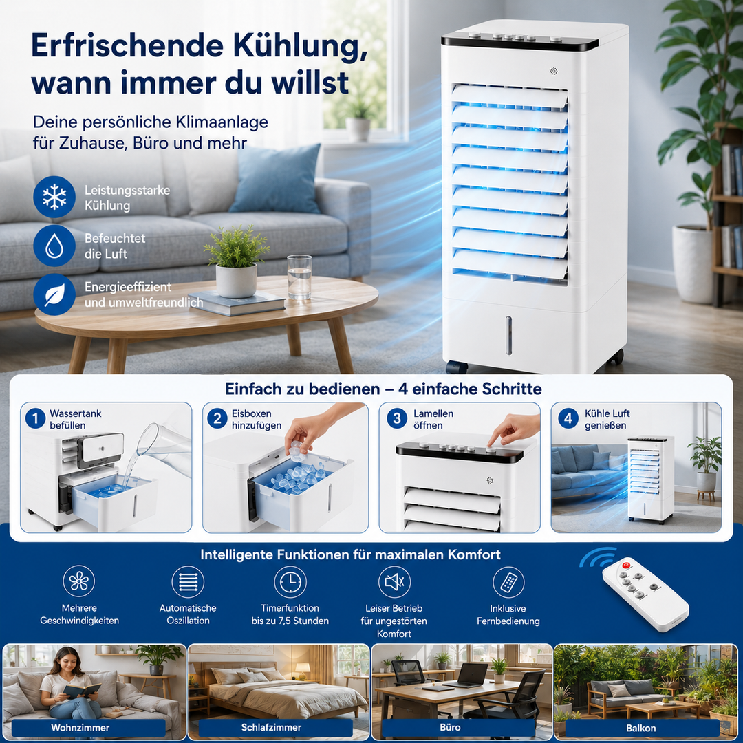 Tragbarer Verdunstungs-Luftkühler für Zuhause mit Fernbedienung & Timer