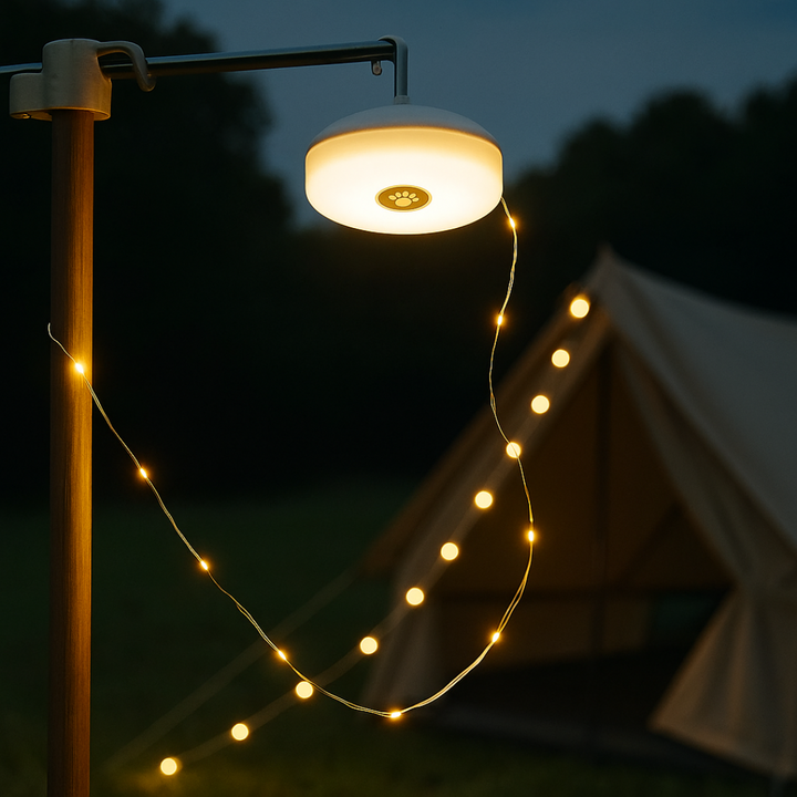 Vielseitige Outdoor Beleuchtung auf einem Holztisch im Garten platziert
