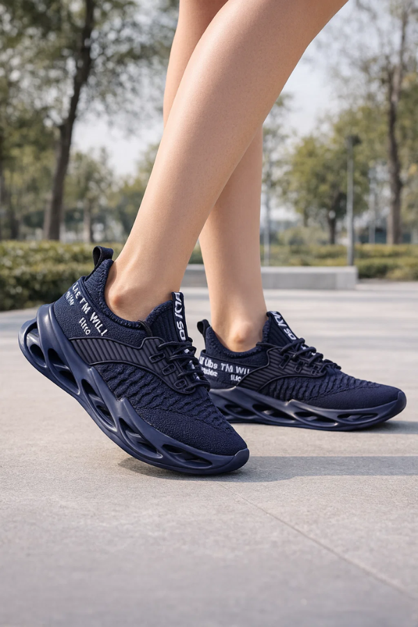Frau trägt marineblaue Damen Sneaker auf einem gepflasterten Weg, dynamische Pose.
