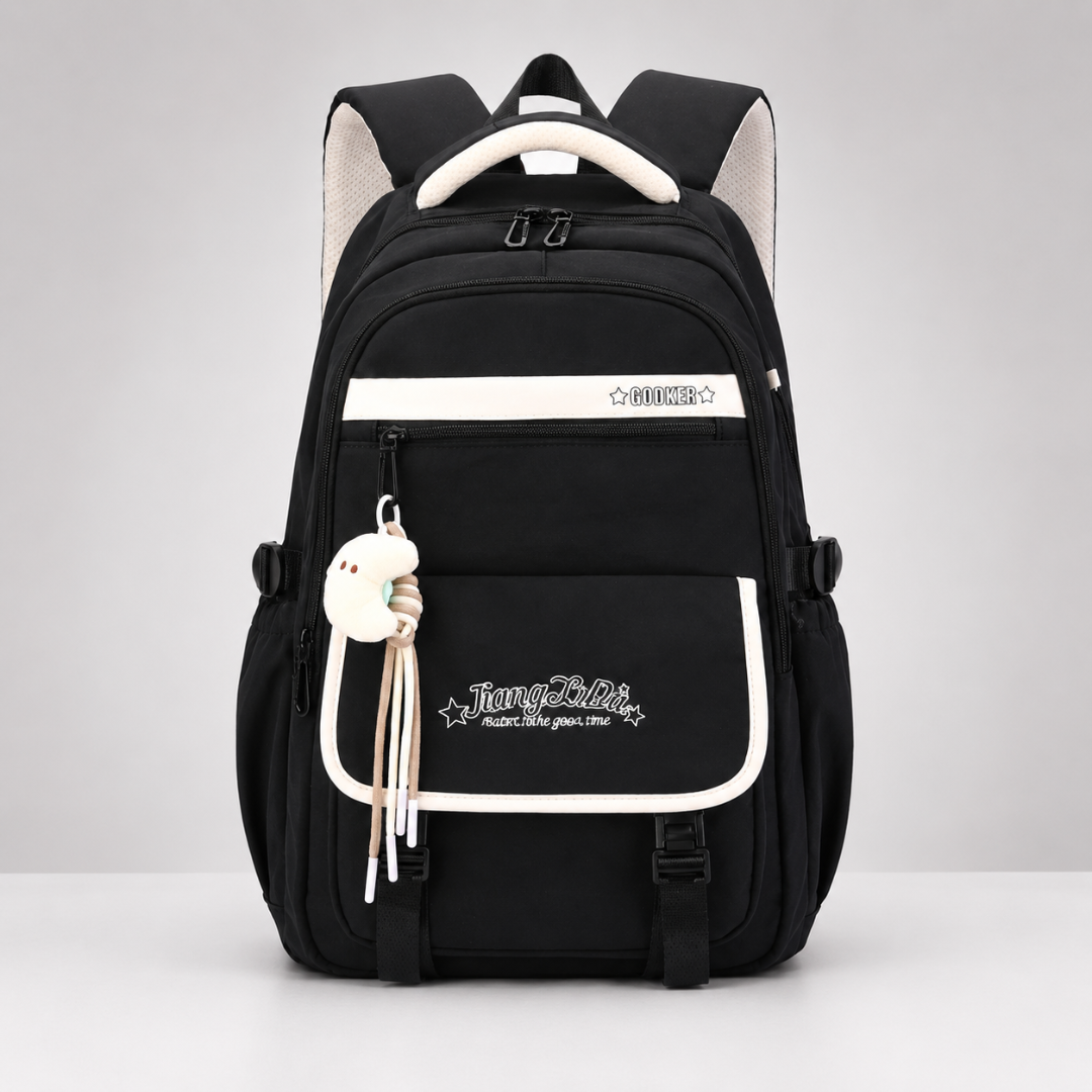 Veylore Mehrstöckiger Oxford Rucksack in Schwarz in Frontalansicht vor neutralem Hintergrund