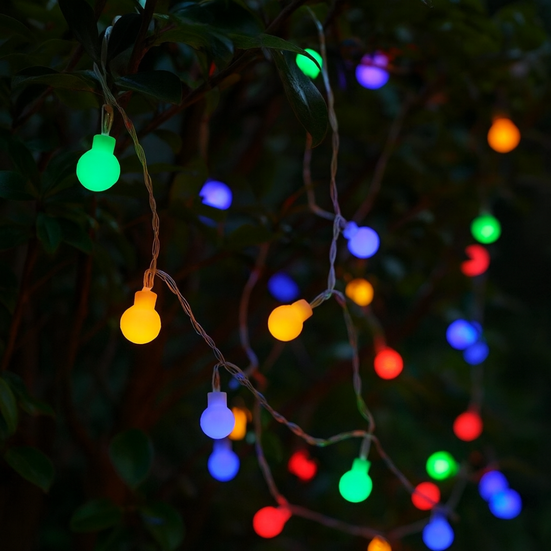 Detailansicht der einzelnen LED-Kugeln der LumaOrbs Lichterkette in verschiedenen Farben
