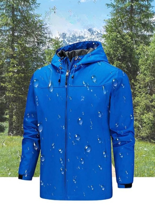 Blaue wasserdichte Herren Regenjacke mit Kapuze im Freien mit Wassertropfen