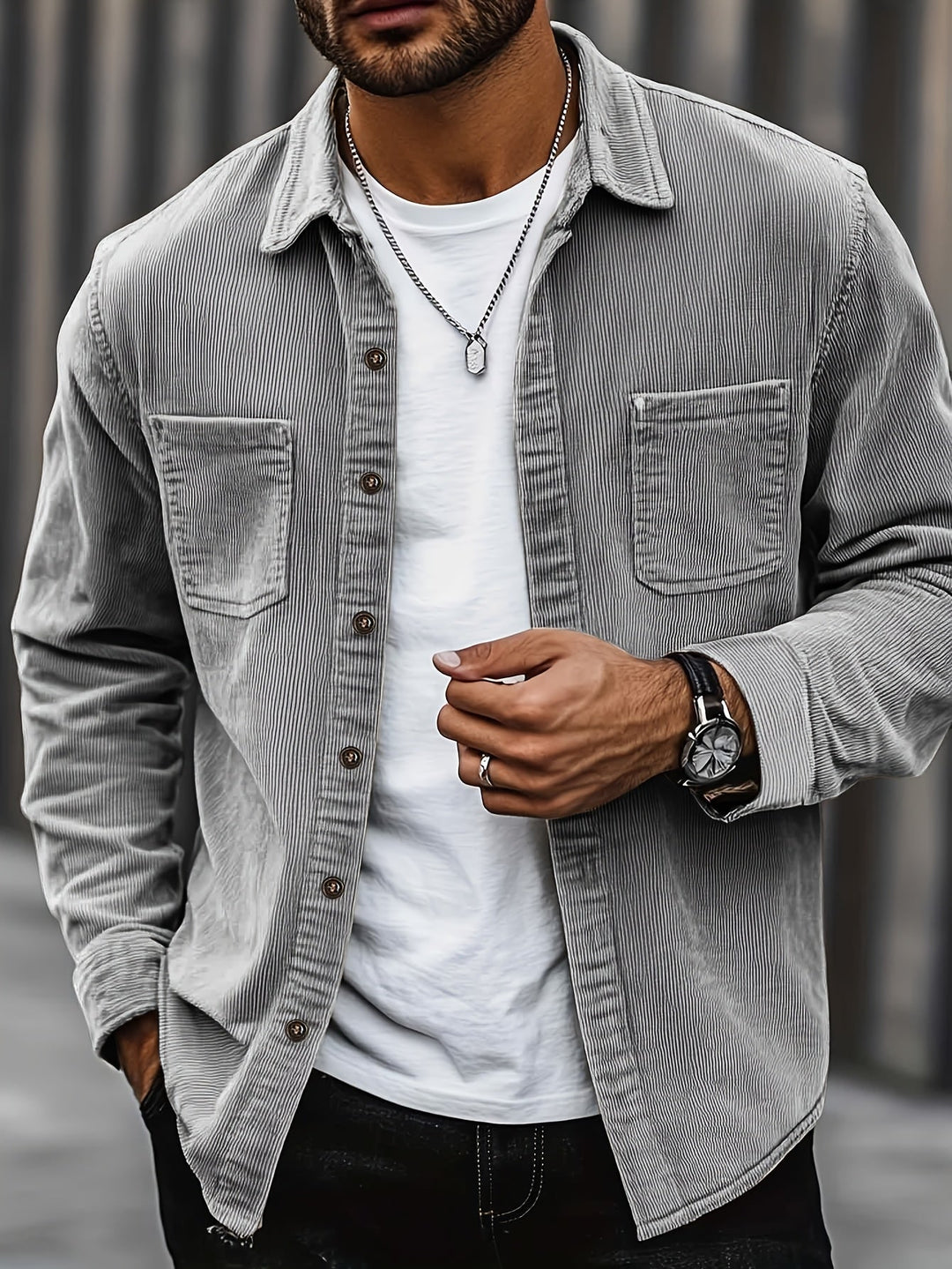 Herren Hemdjacke in Grau pastell mit langem Arm