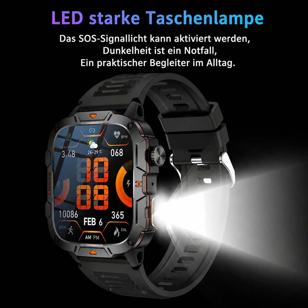Robuste Bluetooth-Smartwatch mit Gesundheitsmonitoring & IP68-Schutz