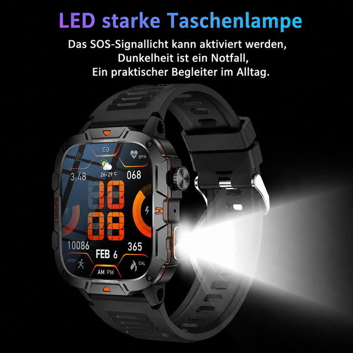 Robuste Bluetooth-Smartwatch mit Gesundheitsmonitoring & IP68-Schutz