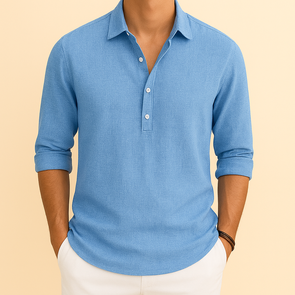 Nahaufnahme: Herren Henley Poloshirt mit Knopfleiste und langen Ärmeln, elegantes Basic für jeden Tag, in Grau.