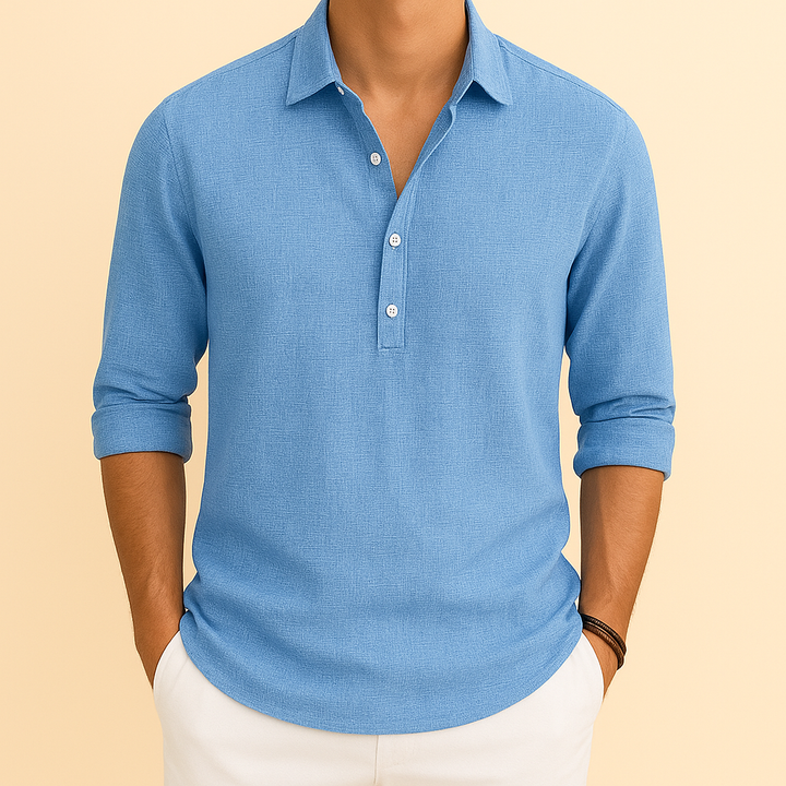 Nahaufnahme: Herren Henley Poloshirt mit Knopfleiste und langen Ärmeln, elegantes Basic für jeden Tag, in Grau.