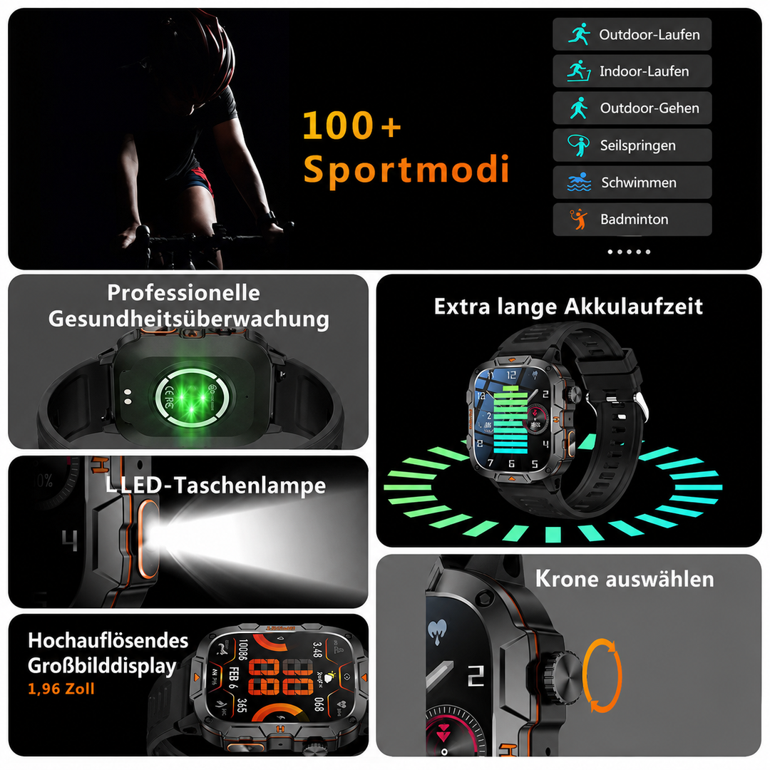 Robuste Bluetooth-Smartwatch mit Gesundheitsmonitoring & IP68-Schutz